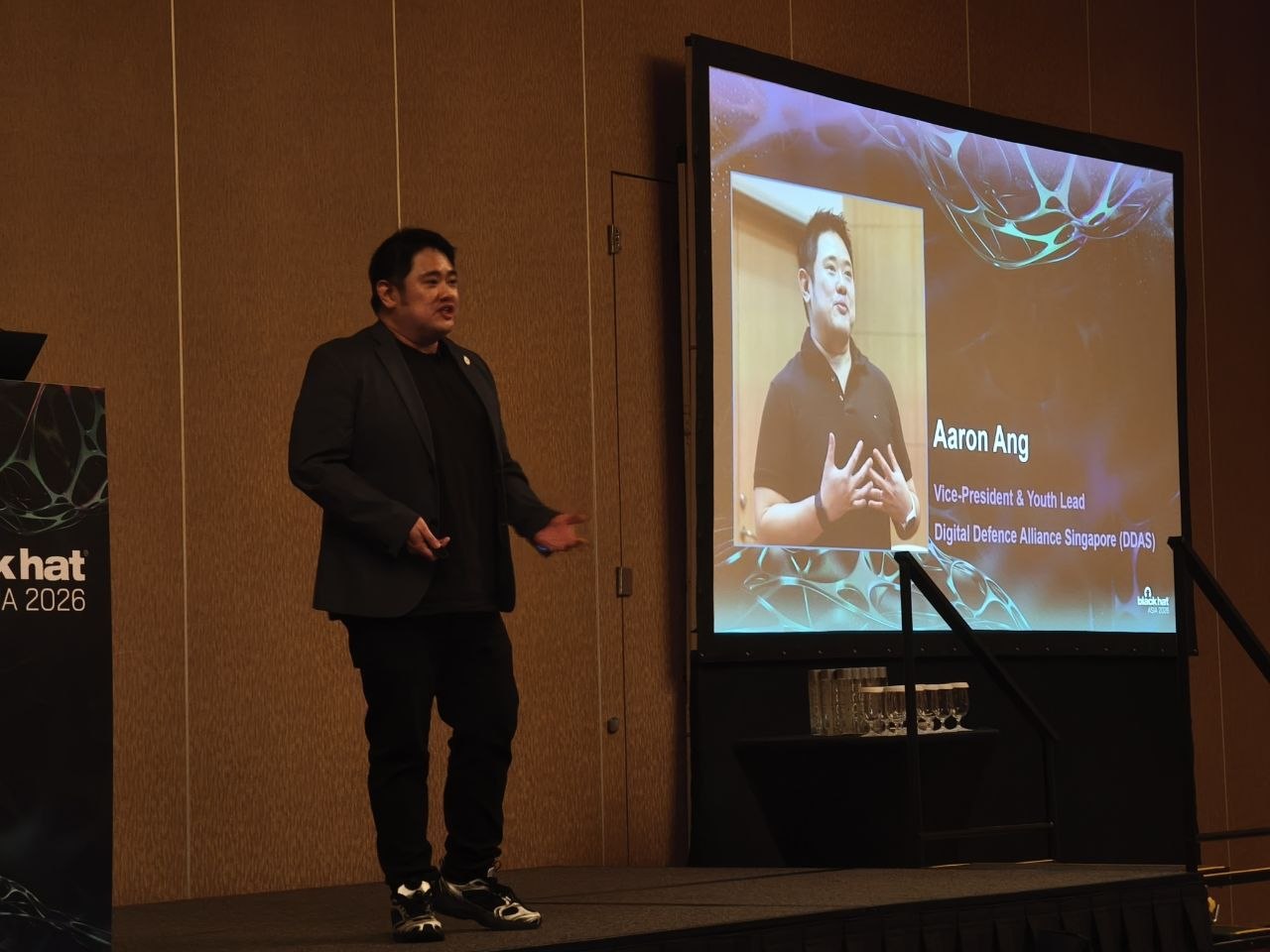 Aaron Ang presenting at Cyber Exchange Black Hat Asia Singapore 2026